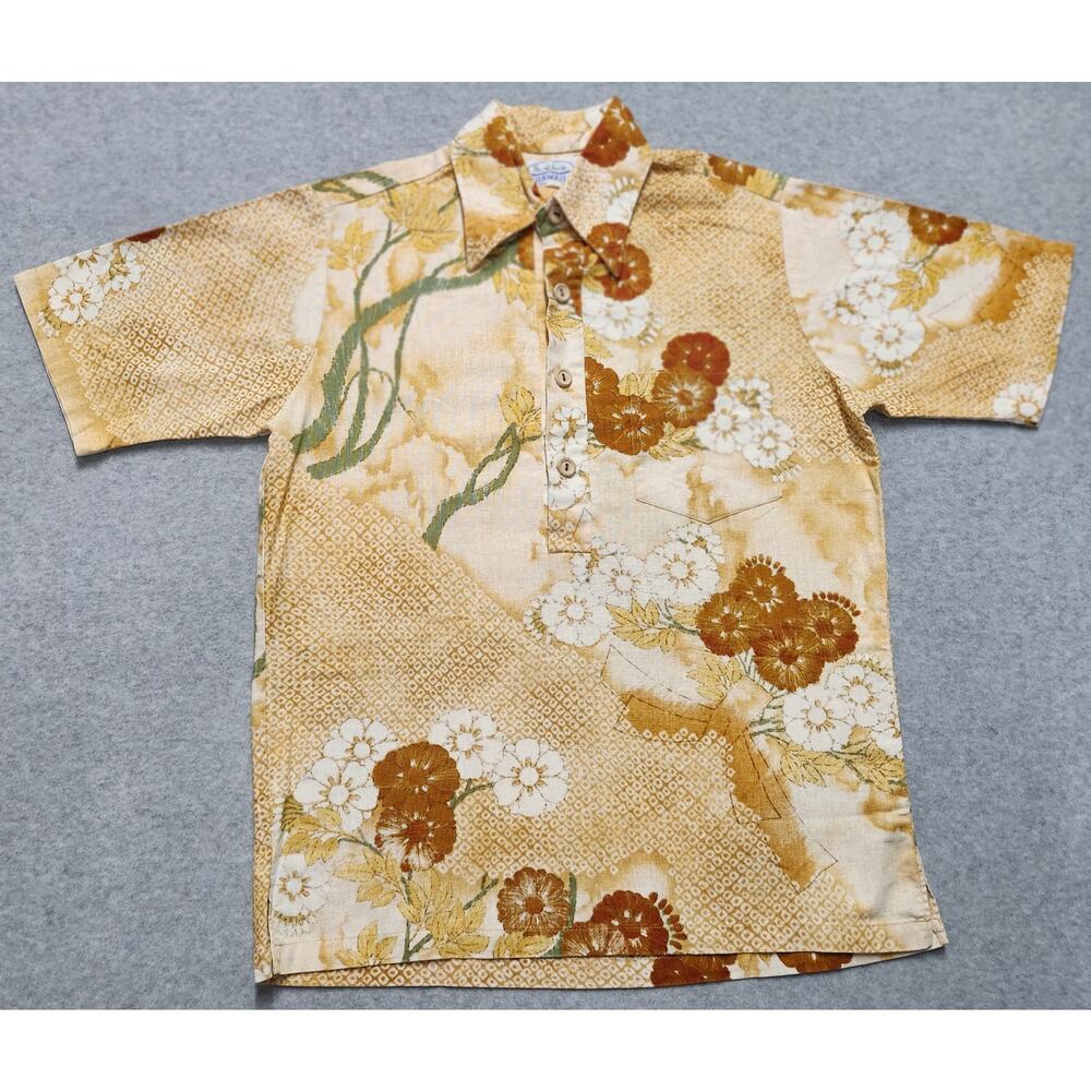 Vintage Surf Line Hawaii Floral Hawaiian Shirt Mens Medium Beige Brown Tiki
